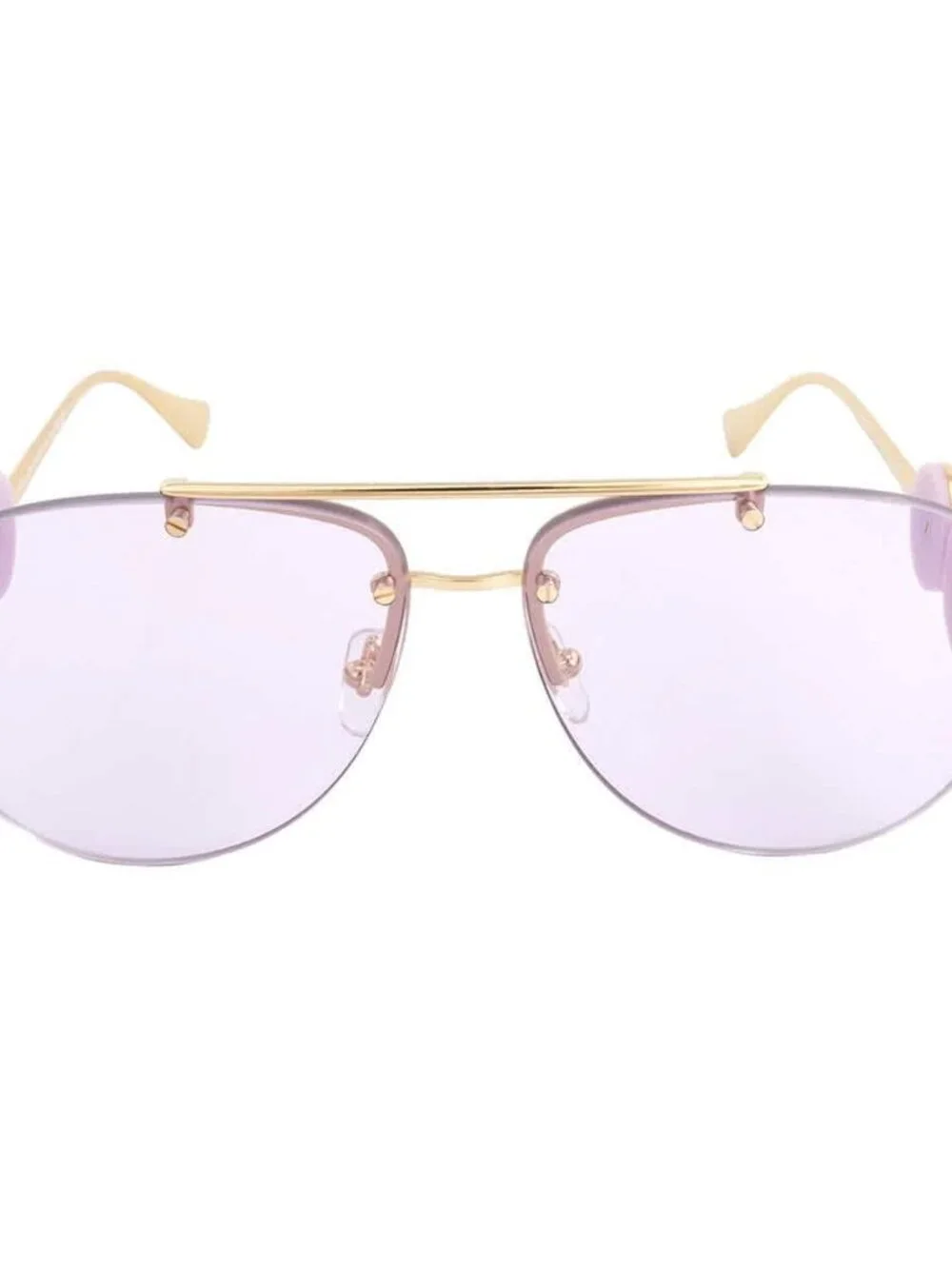 Versace rimless aviator sunglasses with a gold-tone frame and light purp